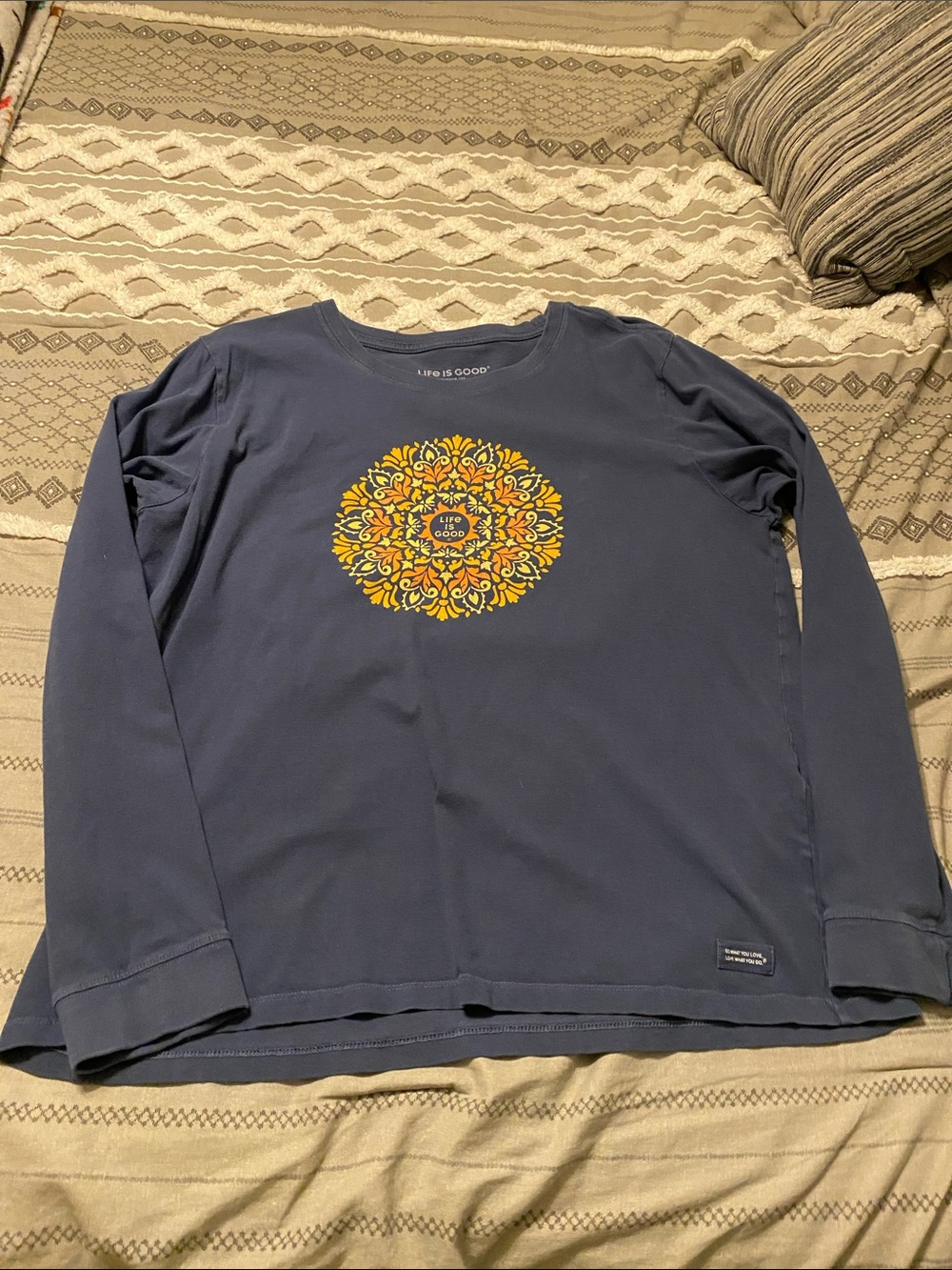 Life Is Good Navy Long-Sleeve Tee with Yellow & Orange Floral Medallion